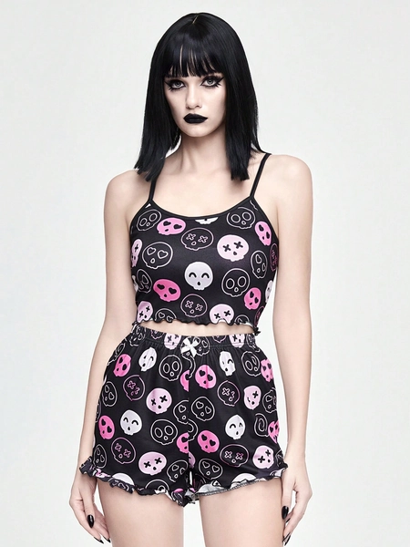 ROMWE Kawaii Cute Cartoon Pink Skeleton All-Over Print Ruffle Trim Cami & Shorts Pajama Set For Halloween