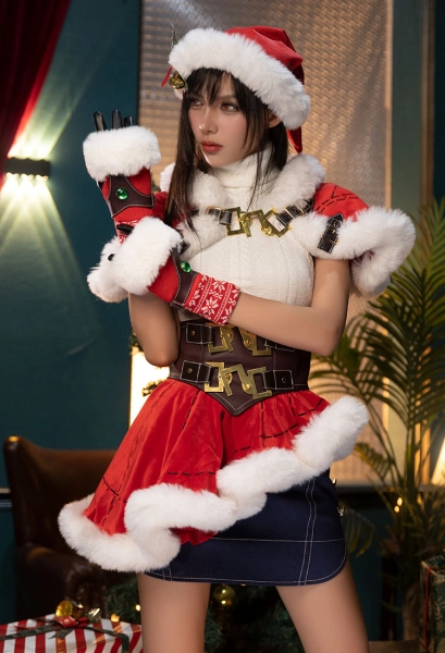 FF Tife Cosplay Costume Christmas Sweater Cape with Red Skirt