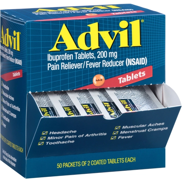 Advil Ibuprofen Coated Tablets 200 mg Pain Reliever/Fever Reducer 50 Packets of 2 Coated Tablets Each