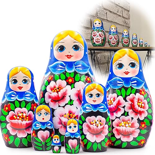 Matryoshka Nesting Dolls Set of 7 pcs - Russian Doll in Sarafan Dress with Red Rose Decorations - Babushka Nesting Dolls with Hand Painted Red Roses