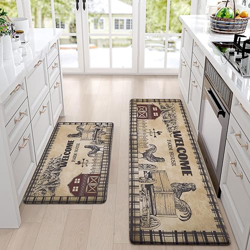 Farmhouse Kitchen Mat Set Anti Fatigue 2 Piece, Non-Skid Waterproof Kitchen Mats 