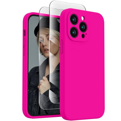 FireNova Designed for iPhone 14 Pro Case, Silicone Upgraded [Camera Protection] Phone Case with [2 Screen Protectors], Soft Anti-Scratch Microfiber Lining Inside, 6.1 inch,Hot Pink - Hot Pink