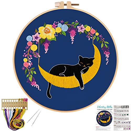 Louise Maelys Cat Moon Embroidery kit for Beginners,Cross Stitch Kits for Adult Including Embroidery Cloth,Hoop, Color Threads,Needles and instruction - Kit-13