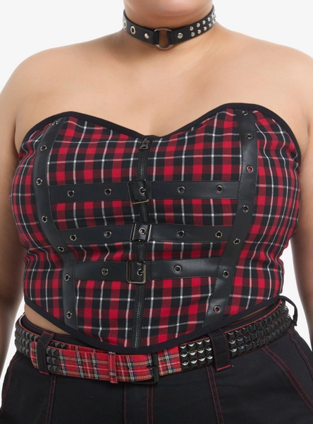 Black & Red Plaid Grommet Corset Top Plus Size