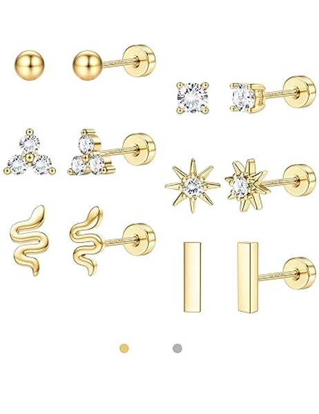 LOLIAS Dainty Hypoallergenic Flat Back Stud Earrings for Women Trendy | 14K Gold Filled Cartilage Earring Helix Conch Tragus Piercing Jewelry | Small Surgical Stainless Steel Earring Sets 20G