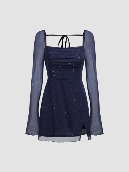 Square Neck Solid Glitter Knotted Mini Dress