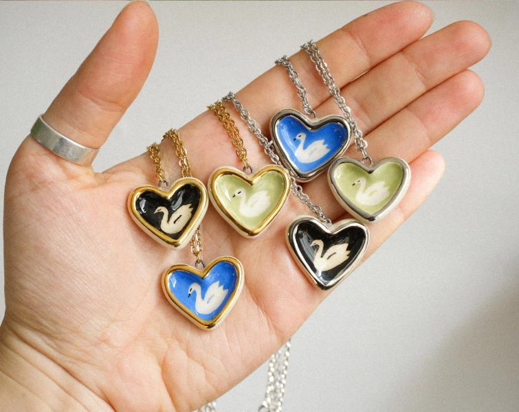 Ceramic Pendant Necklace with Swan, Heart shape ceramic necklace, Handmade ceramic jewelry, Gift for her, Unique ceramic swan pendant