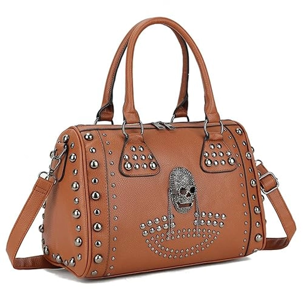 FiveloveTwo Women Skull Handbag Gothic Rivet Tote Satchel Shoulder Crossbody Bag Black