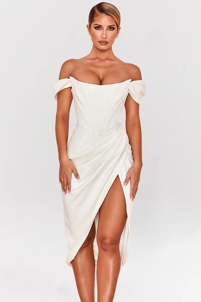 Loretta Ivory Satin Off Shoulder Dress