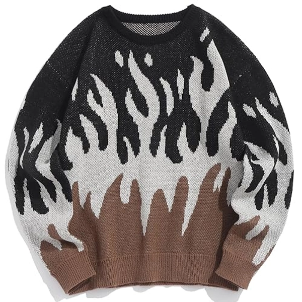 ZAFUL Mens Crewneck Oversized Sweaters Y2K Aesthetic Flame Graphic Knitted Sweater Casual Pullover Long Sleeve Jumpers