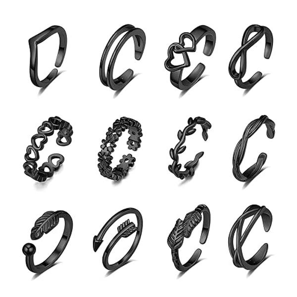 TOBENY 12PCS 14K Gold Plated Adjustable Toe Rings for Women Flower Arrow Band Open Tail Ring Women Beach Foot Jewelry Set