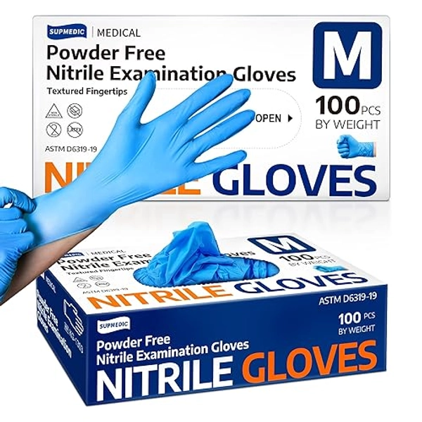 Supmedic Medical Nitrile Exam Gloves, Latex-Free & Powder-Free Non-Sterile Food Safe Cleaning Disposable Glove, 100 Pcs