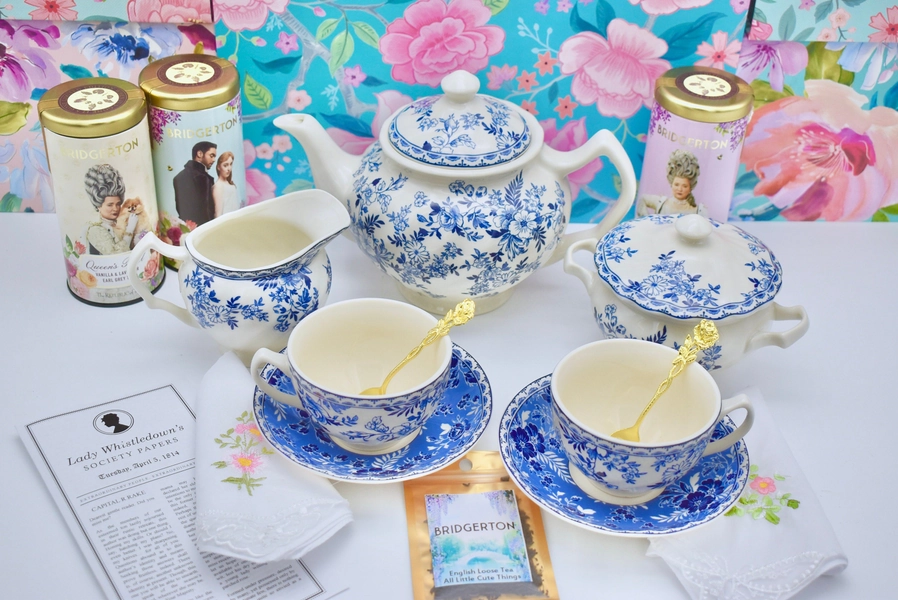 Bridgerton Tea Set. Lady Whistledown Devon Cottage Blue and White Fine China Teapot teacups sugar bowl, creamer, spoons, napkins, tea packet