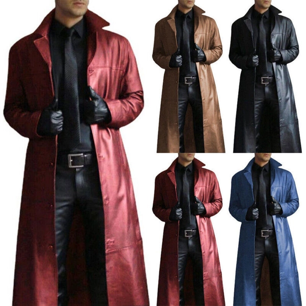 Retro Men Faux Leather Trench Coat Long Coat Full Length Overcoat Winter Jacket