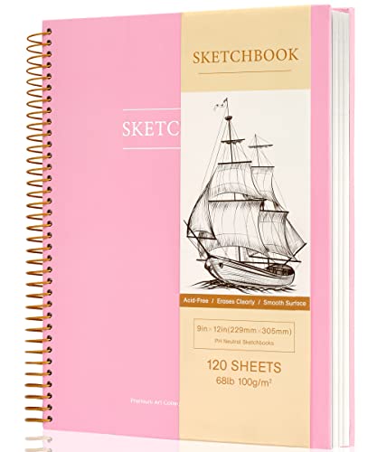 9 x 12 inches Hardcover Sketchbook for Drawing 120 Sheets Spiral Bound Sketch Pad Premium Art Sketchbook Artistic Drawing Painting Writing Paper(68lb/100gsm) for Kids Adults Beginners Artists, Pink - Pink - 9x 12