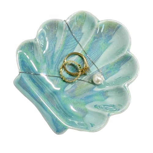 Shell Trinket Dish, Ceramic Seashell Jewelry Dish Tray, Ocean Style Ring Holder, Coastal Organizer Plate Vanity Decorations Accessories for Home Décor Bathroom Coastal - Peacock Blue