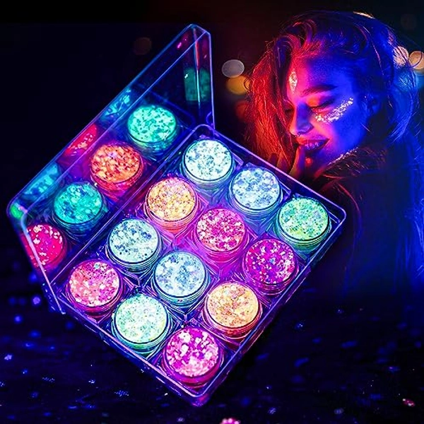 Glow in The Dark Glitter Gel for Women, 12 Colors Chunky Makeup Fine Glitter, UV Black Light Glitter for Body/Face/Hair/Eyeshadow, Glitter for Carnival Party(Not Loose Glitter)