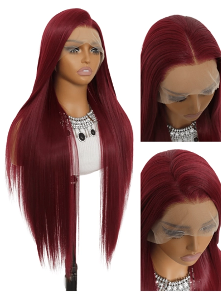 SALLYWELL 13*4 Lace Front Wigs Straight Hair Glueless Lace Wigs Synthetic Long Silk Straight Natural Wig Heat Resistant Fiber Red Wig With Baby Hair For Women 32 Inches
