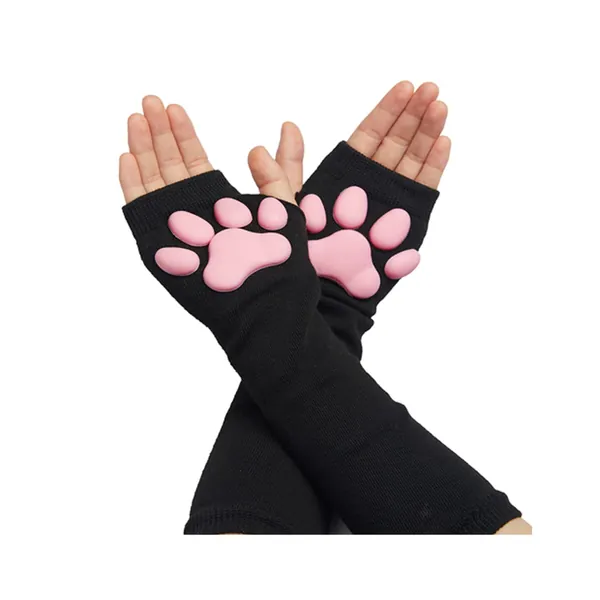 Cute Cat Paw Mittens Gloves, Kawaii Cat Cosplay Kawaii Soft 3D Toes Beans Fingerless Cat Claw Paws Pad Sleeve - Black-long
