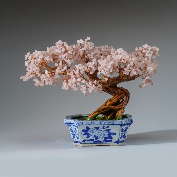 Genuine Rose Quartz Bonsai Tree in Square Ceramic Pot (11” Tall)