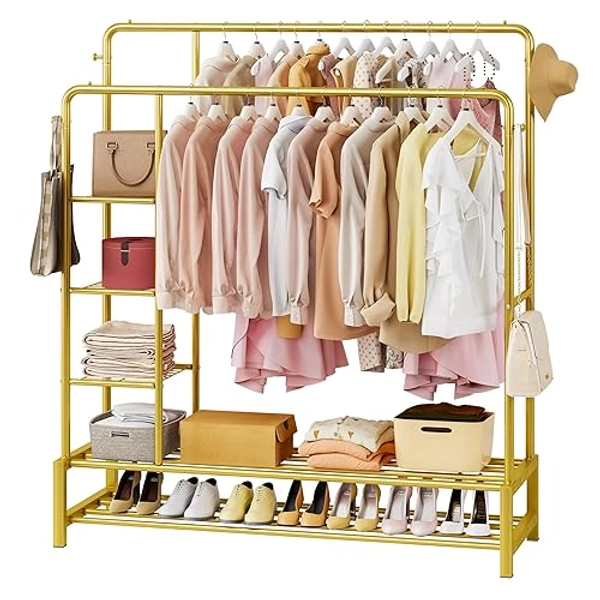 JOISCOPE 47'' * 67'' Clothing rack Heavy Duty & Double Rods, Garment Rack with Double Layers for Clothing Storage, Metal Clothes Rack Freestanding Hanger with 4 Layer Storage Shelf & Hooks, Gold