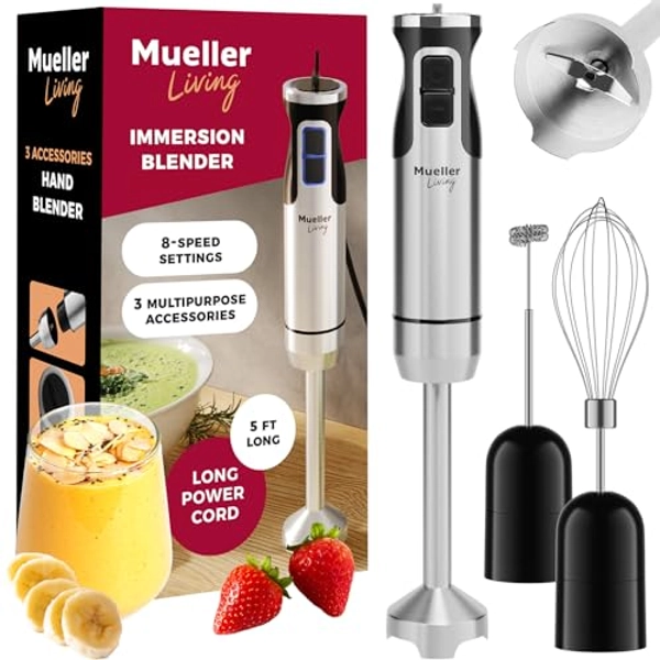 MuellerLiving Immersion Blender Handheld, 500W Scratch Resistant Electric Hand Blender, 3 in 1 Emulsifier Blender Mixer with Turbo Mode, Beaker, Chopper, Whisker, Frother, for Soup, Sauce