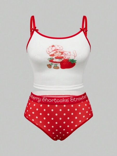 Strawberry Shortcake | ROMWE Plus Size Cute Strawberry Print Wireless Bra And Panty Set