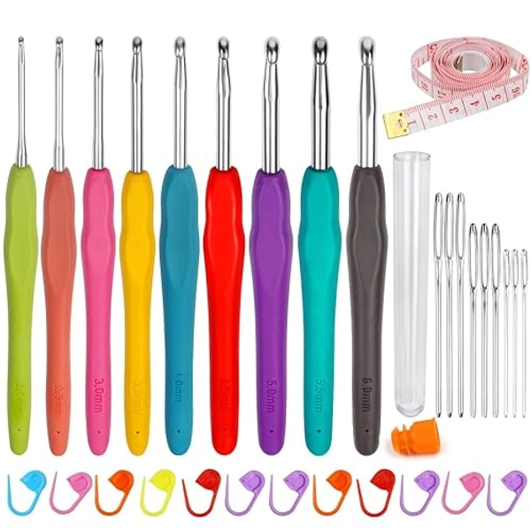 31PCS Crochet Hooks Set, including 9 PCS Aluminum Knitting Needles Kit Ergonomic Soft Grip Handle for Arthritic Hands with Measuring Tape Stitch Markers and Sewing Needles