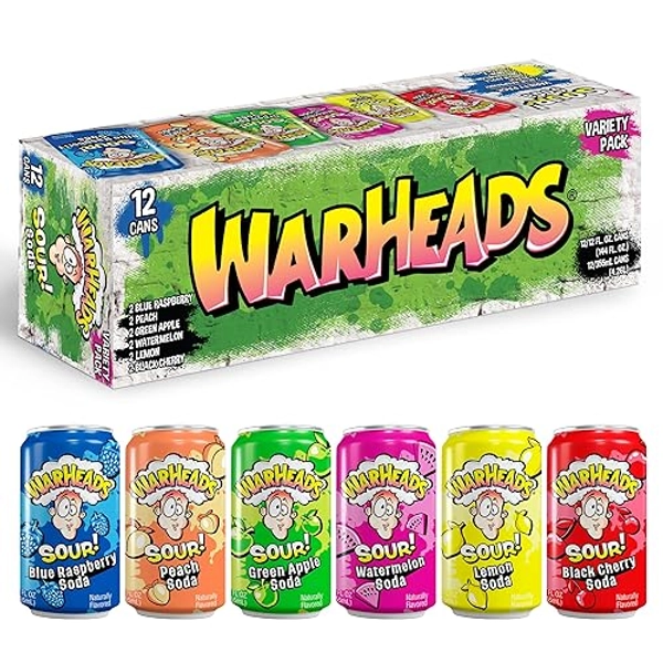 Sour Fruity Soda with Classic Warheads Flavors – Perfectly Balanced Sweet and Sour Soda - Warheads Candy Throwback Treat, Soda, Cocktail Mixer, Pack of 12, 12oz Cans (Variety Pack)