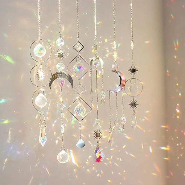 6Pieces Crystal Suncatchers for Window Hanging Sun Catcher with Chain Rainbow Maker Crystal Prisms Decor for Home Garden Party Wedding Ornament Gift Mother Daughter