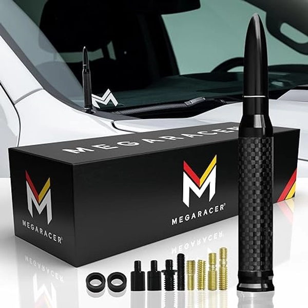 Mega Racer 50 Cal Bullet Antenna - Black Carbon Fiber 5.5 Inch AM/FM Compatible Universal Fit for Truck, Solid Aluminum with Anti-Theft Design and Car Wash Safe