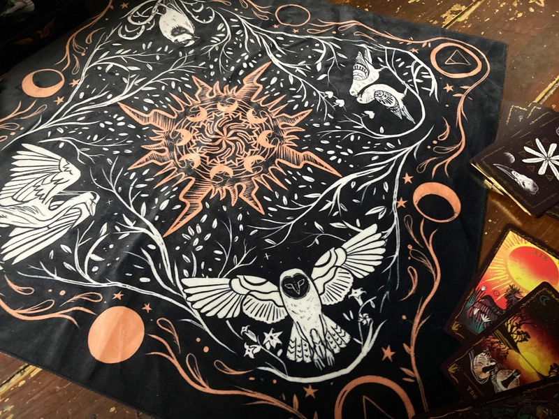 Occult Ornithology tarot cloth- 50x50 soft velvet altar cloth or tapestry- divination tools, tarot gifts, elements, celestial, bird lover