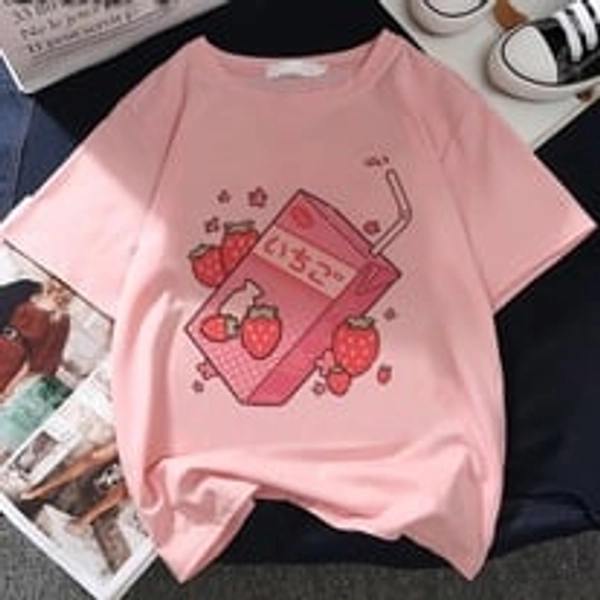 Cute Pink Strawberry Juice Box Graphic Cartoon Print Loose Short Sleeve Short T-shirt Top Casual E-Girl Kawaii Korean Japanese Harajuku Streetwear