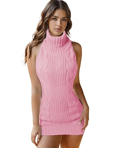 Lucky2Buy Women's Sexy Backless Turtleneck Anime Cosplay Virgin Killer Sweater One-Piece Bikini Knit Tank Top Vest (Style 1-Pink, One Size)