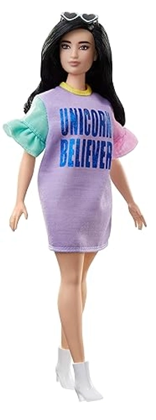 Barbie Fashionistas Doll​ with Long Brunette Hair Wearing Unicorn Believer Dress and Accessories, for 3 to 8 Year Olds