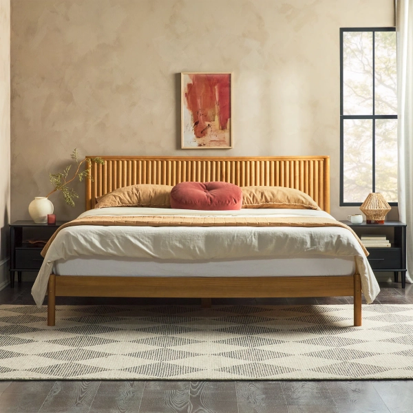Asho Solid Wood Platform Bed with Reeded Headboard