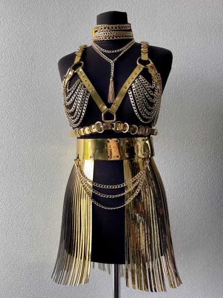 Golden costume for performance,set with fringe skirt,costume with gold chains,golden rave costume with chains,parties clothes