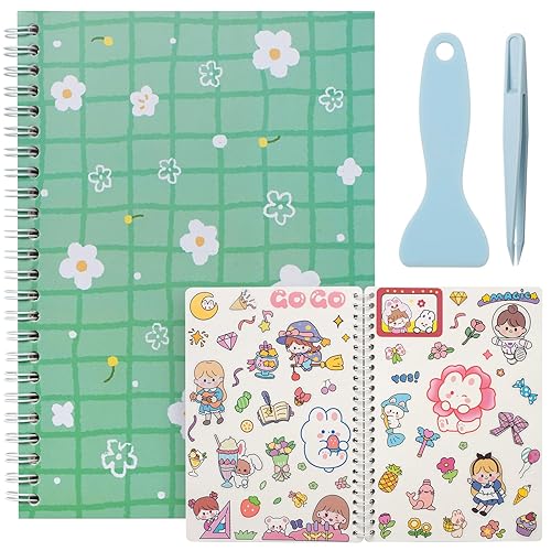 SUNEZLGO Reusable Sticker Book - 60 Sheets, Collecting Album, Organizer, Blank Book for Adults & Children, Keeper with Tweezer & Spatula, A5 - Green