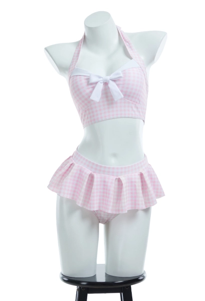 Retro Vintage Pink and White Plaid Two-Piece Swimsuit Halter Bikini Set Bathing Suit with Hairband