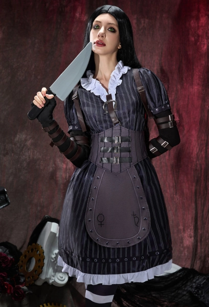 Alice: Madness Returns Alice Halloween Cosplay Costume Dress Unifrom with Waistband and Knee High Socks