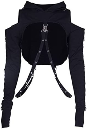 Women Gothic Punk Hoodies Bandage Crop Tops Long Sleeve Pullover Sweatshirt for Rave Festivals Streetwear - Medium Black 3