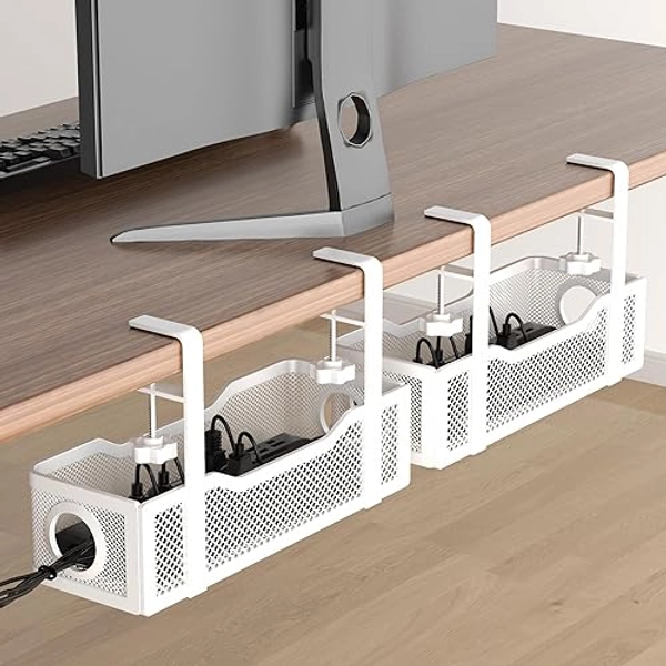 2 Pack Under Desk Cable Management Box White, Cinati Cable Management Under Desk No Drill, Cable Tray with Clamp for Desk Wire Management,Desk Cable Management for Office, Home - No Damage to Desk