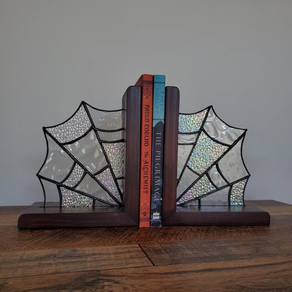 Stained Glass Web Bookends. Stained Glass Halloween, spooky decor, goth home, book lover, spider lover, stained glass home, glass bookends