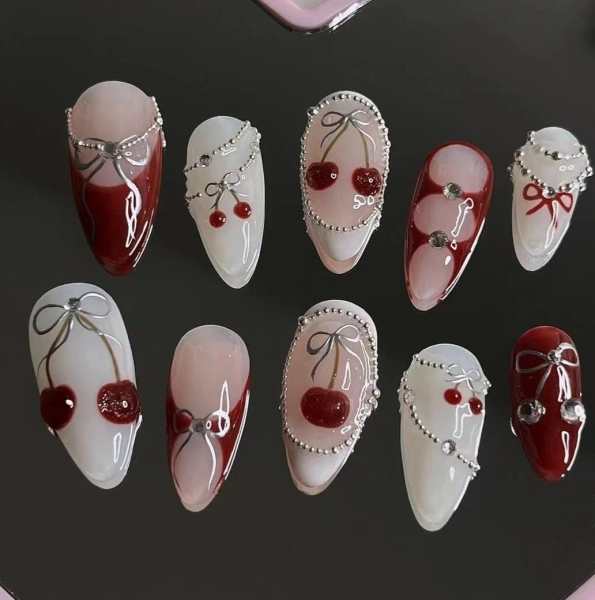 Bow shaped nails\Hand drawn nails\Gift Nails \custom press on nails\hand made Press on Nails\Faux Acrylic Nails\Gel Nails\Press on Nails