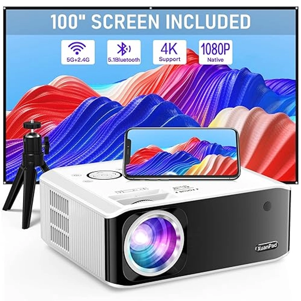 【AI Auto Focus & Keystone】Projector 4K Supported, XuanPad WiFi6 Bluetooth Projector, 22000L Native 1080P Smart Video Projector, Portable Outdoor/Home Projector with Tripod for Phone