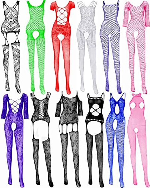 12 Pieces Women's Fishnet Lingerie Mesh Bodysuit Lace Smock Lingerie for Women