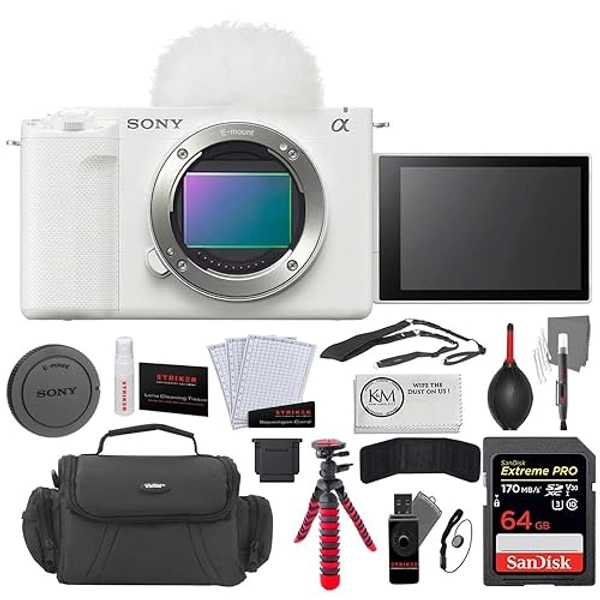 Sony ZV-E1 Mirrorless Camera (White) Bundled with 64GB Memory Card + Photo Starter Kit (11 Pieces) + Camera Case + Tripod 12" Flexipod + Cleaning Cloth (6 Items)