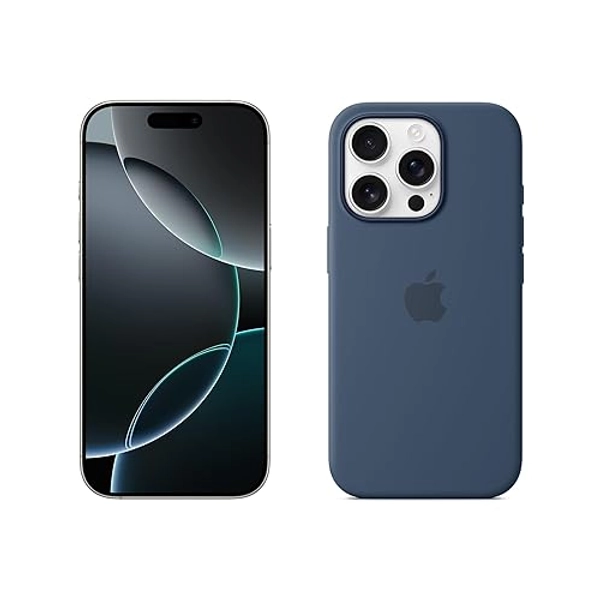 Apple iPhone 16 Pro (512 Go) - Titane Blanc + Coque en Silicone avec MagSafe - Denim