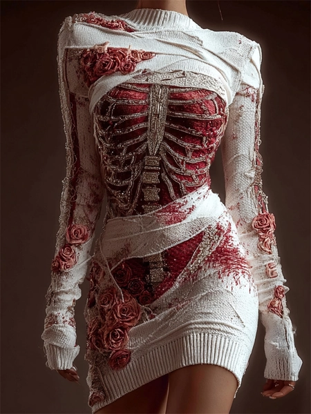 Comstylish Classy Skeleton Anatomy Bloody Roses Bandages Knit Sweater Dress