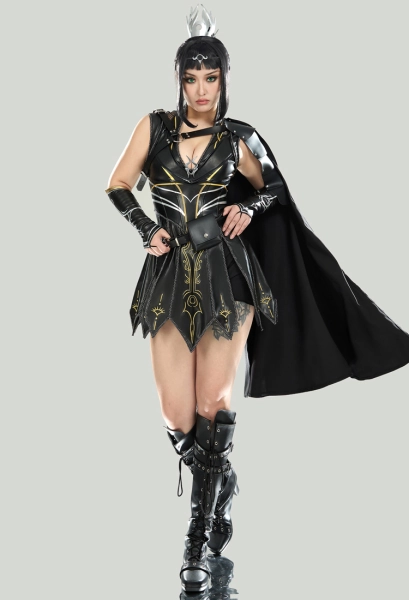 Shadowheart Derivative Battle Suit Black Deep V Leather Dress with Cape and Bottoms Cosplay Costume